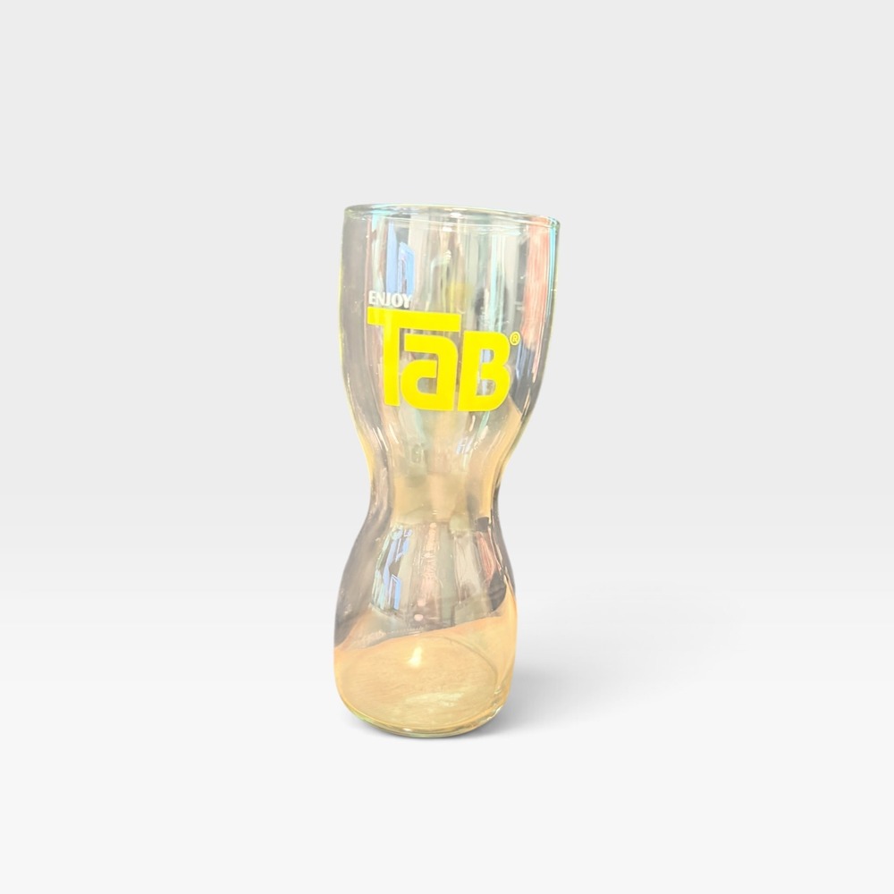 TaB Soda Glass Yellow Logo Clear Iridescent Hourglass Shape Collectible A21